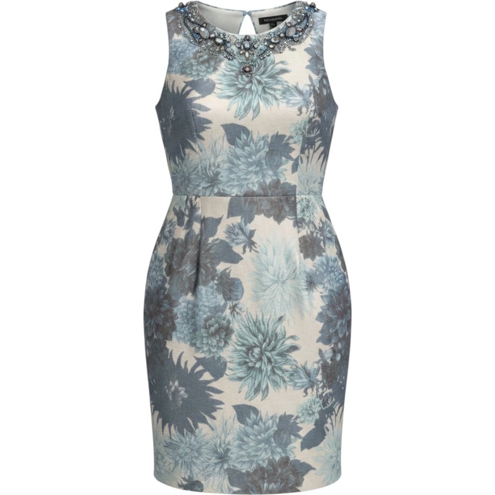 $2.8k Monique lhuillier Blue Floral Jacquard Embellished Neckline Sheath Dress 8